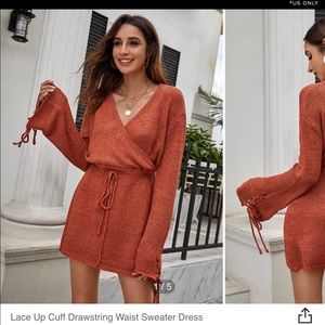 Lace Up Cuff Drawstring Waist Sweater Dress